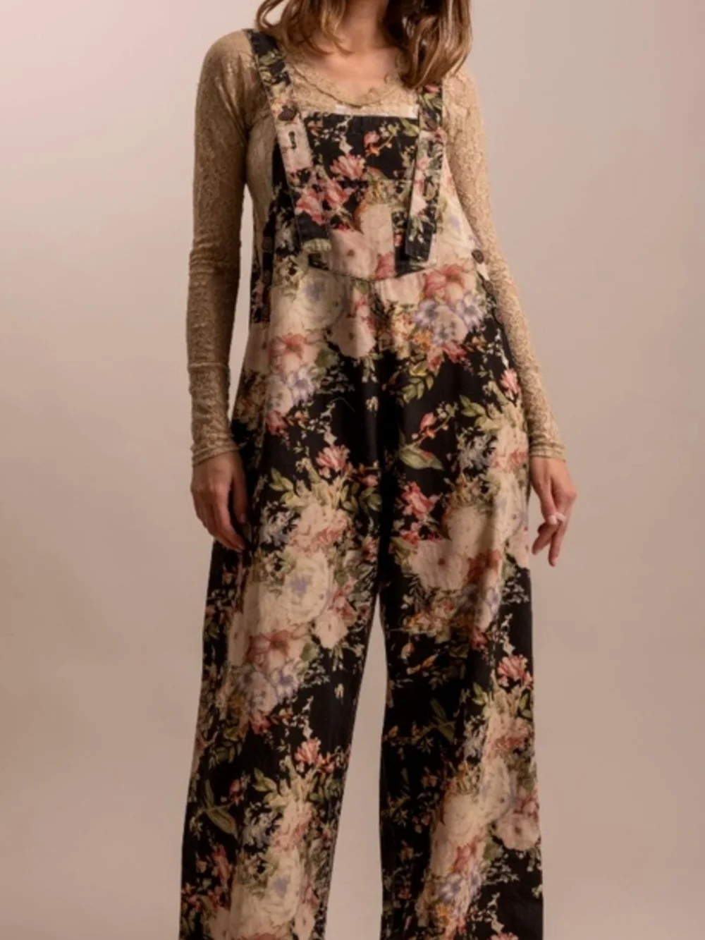 Blue Velvet Floral Print Women Jeans Overalls - Black Floral